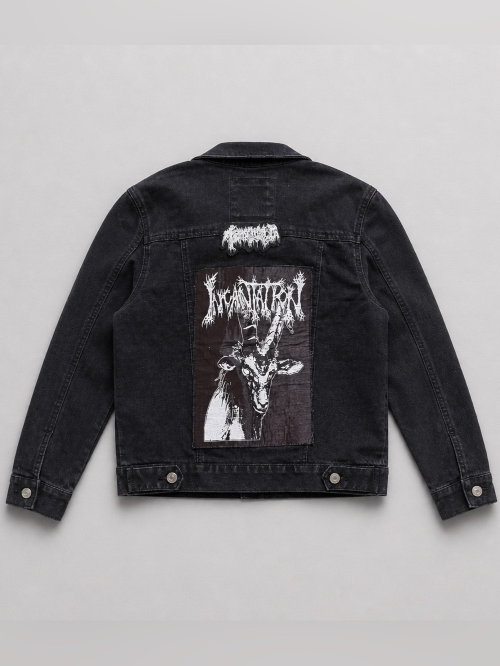 Mudd Black Denim Battle Jacket with‎ Custom Black Metal Patches – Size Medium